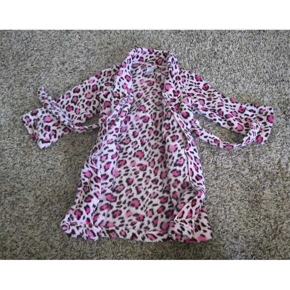 The Childrens Place Bath Robe Girls XS 4 Pink Leopard Print Fuzzy With Tie Belt - Picture 6 of 8